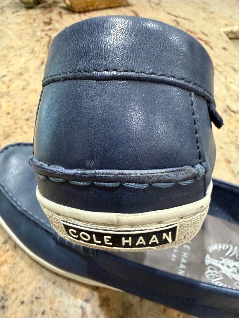 Cole Haan Navy Leather Slip-On Penny Loafers with White Sole